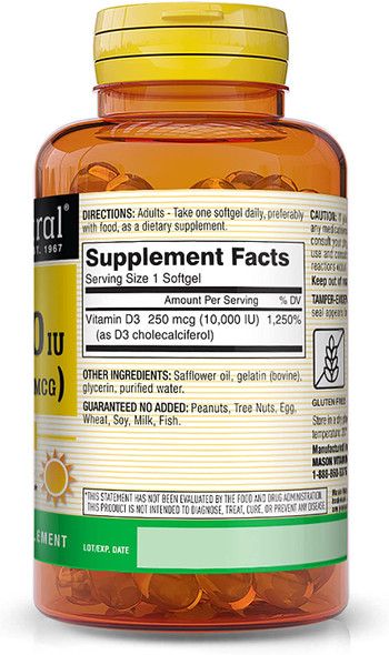 Mason Natural Vitamin D3 250 mcg (10000 IU) - Supports Overall Health, Strengthens Bones and Muscles, from Corn Oil, 60 Softgels (Pack of 3)