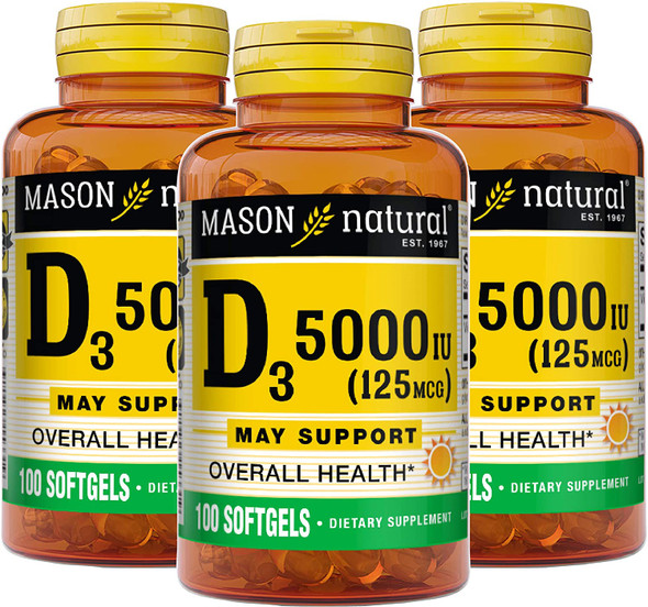 Mason Natural Vitamin D3 125 Mcg (5000 Iu) - Supports Overall Health, Strengthens Bones And Muscles, From Fish Liver Oil, 50 Softgels (Pack Of 3)