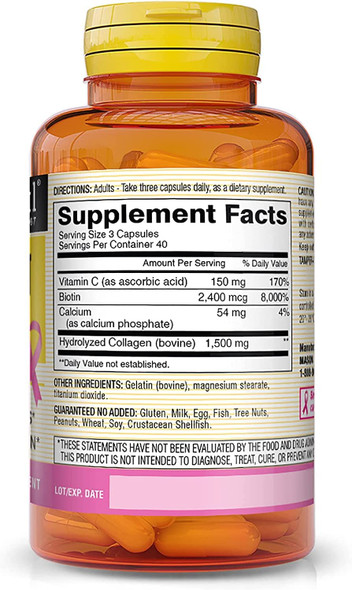 Mason Vitamins Collagen Plus Biotin & Vitamin C 1500 mg 120 Capsules per Bottle PACK of 6
