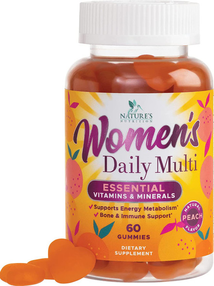 Women's Multivitamin Gummy, Overall Health and Immune Support Vitamins with A, D, C, E, B12, Biotin, Folic Acid, Zinc, Adult Daily Multi Vitamin Supplement, Peach Flavor, 30 Day Supply - 60 Gummies