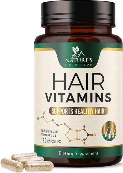 Hair Growth Vitamins with Biotin Vitamin E & C Support Thicker Hair, Premium Vegetarian, Non-GMO, for Stronger, Beautiful Skin, Hair & Nails, Hair Growth Supplement (90 Day Supply) 180 Capsules