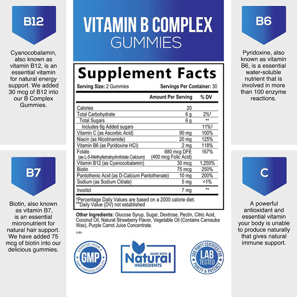 B Complex Gummies Extra Strength Vitamin B Gummy - Tasty Raspberry Vitamins with Niacin, B6, Folic Acid, B12 and Biotin - Best Energy Support and Immune Support for Women and Men - 60 Gummies