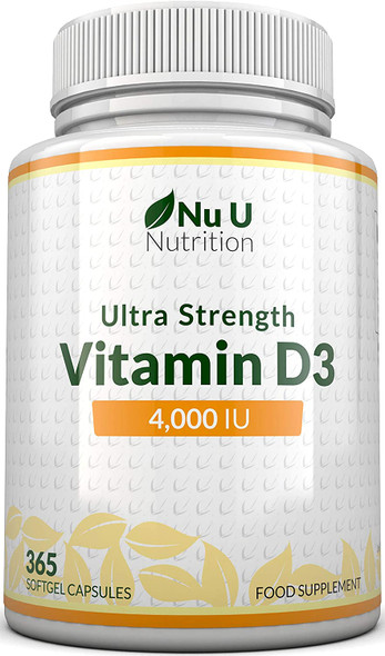 Vitamin D3 4000 IU, 365 Softgel Capsules NOT Tablets, Full Year Supply, Easy to Swallow Quadruple Strength Vitamin D3 Supplement
