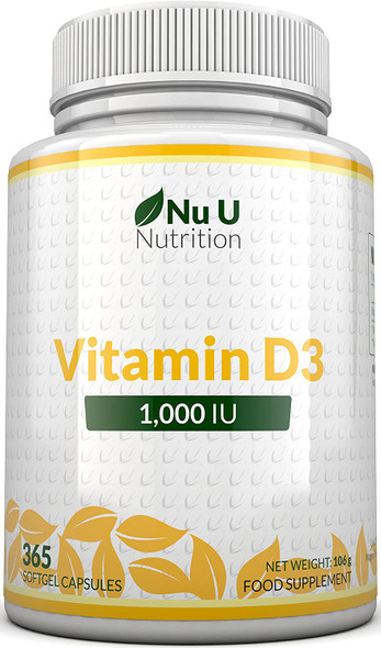 Vitamin D3 365 Softgels (Full Year Supply) | 1000IU Vitamin D Supplement | High Absorption Cholecalciferol Vitamin D (Vitamin D3 softgels Easier to Swallow Than Vitamin D Tablets) by Nu U Nutrition