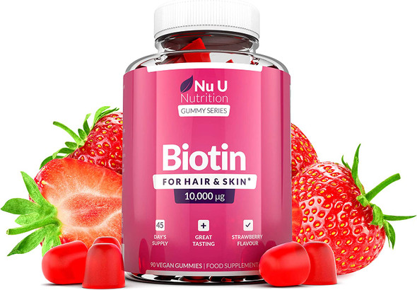 Biotin Hair Gummies - 10,000mcg Biotin - 90 Vegan Gummies not Tablets, 45 Day Supply - Supports Normal Skin & Hair Growth, Chewable Hair Vitamins