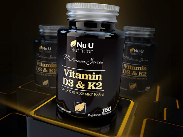 Vitamin D3 4000 IU and Vitamin K2 100g MK7 - 5 Month Supply 150 Capsules - Vitamin D3 & K2 - Quadruple Strength Cholecalciferol - K2 from Natto - Made in the UK