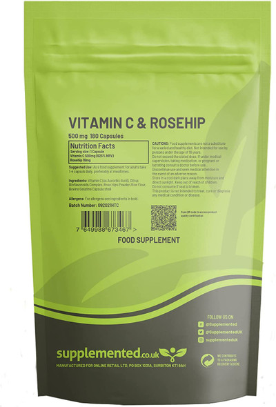 Vitamin C 500mg and Rosehip 180 Tablets UK Made. Pharmaceutical Grade
