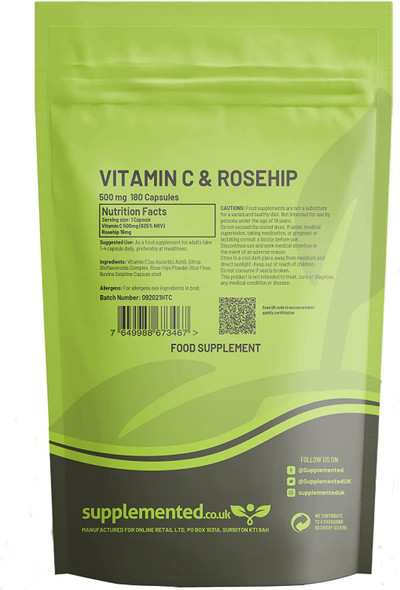 Vitamin C 500mg and Rosehip 360 Tablets UK Made. Pharmaceutical Grade