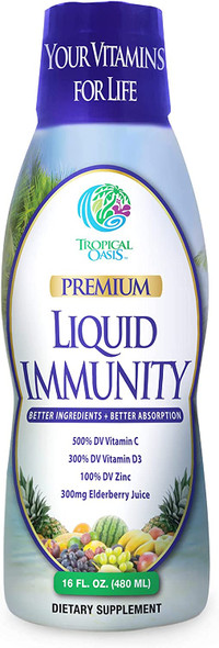 Vegan Liquid Immune Support Booster for Adults - Powerful Multivitamin & Mineral Blend of 500% Vitamin C, 300% VIT D3, 100% VIT E, Zinc & Elderberry Juice -98% Absorption Rate -32 Serv
