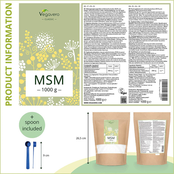 Pure MSM Powder Vegavero® | 1 KG | Distilled Organic Sulphur | NO Additives & Non GMO | Methylsulfonylmethane | Vegan