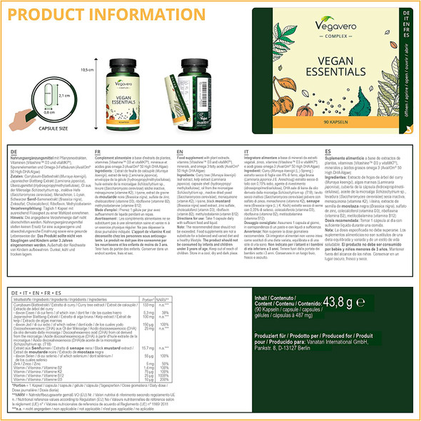 Vegan Essentials Vegavero® | Multivitamins & Minerals | with Omega 3, Vitamin B12, B2, D3, K2, Zinc, Iron and Iodine | NO Additives | Natural Support for a Vegan Diet