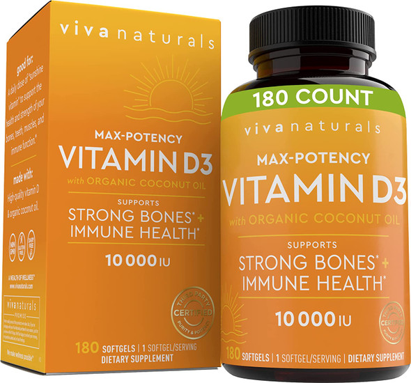 Vitamin D3 10,000 IU - High Potency Vitamin D Supplement for Immune and Bone Health, Made with Organic Coconut Oil for Better Absorption, Easy to Swallow Softgels (180 Count)