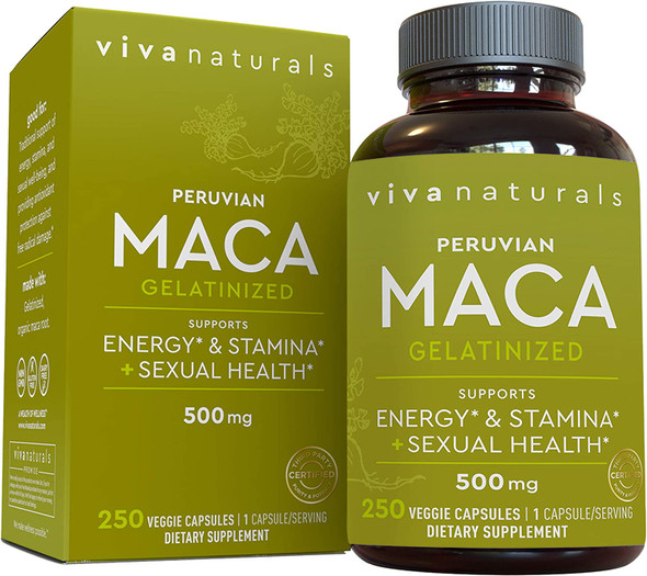 Peruvian Maca Powder Capsules (500 mg) - Traditionally Used to Support Sexual Well-Being, Energy, Stamina and Endurance, Gelatinized for Easier Digestion, 250 Veggie Yellow Maca Root Capsules