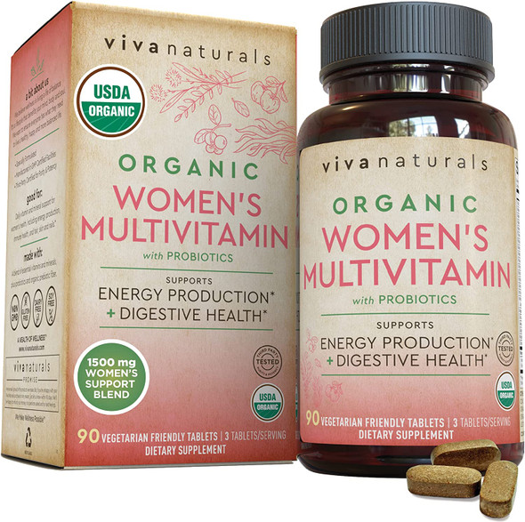 Organic Multivitamins for Women with Probiotics (90 Tablets)  Women Multivitamins for Daily Energy, Digestive Health and Immune Support Supplement with Vitamin B12, C, D and E, Iron, Folate.