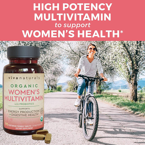 Organic Multivitamins for Women with Probiotics (90 Tablets)  Women Multivitamins for Daily Energy, Digestive Health and Immune Support Supplement with Vitamin B12, C, D and E, Iron, Folate.