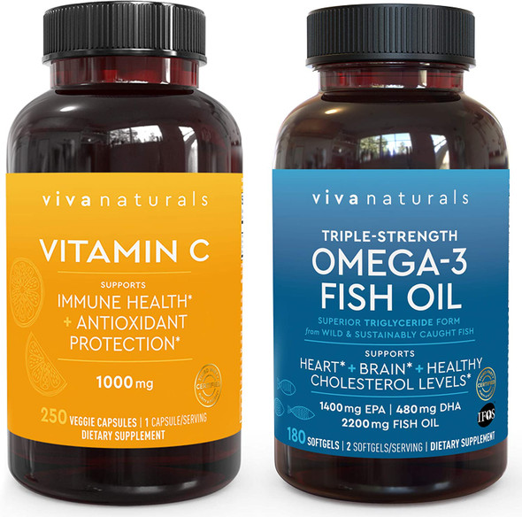 Viva Naturals Vitamin C 1000mg (250 Capsules) and Omega 3 Fish Oil (180 Capsules) Bundle