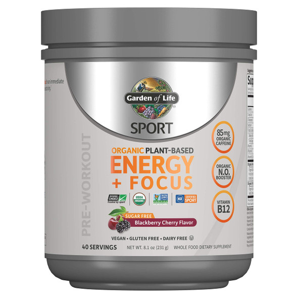 Garden of Life Sport Organic Plant-Based Energy + Focus Vegan Pre Workout Powder, Sugar Free BlackBerry Cherry - Clean Preworkout with 85mg Caffeine, Natural NO Booster, B12, Gluten Free, 40 Servings