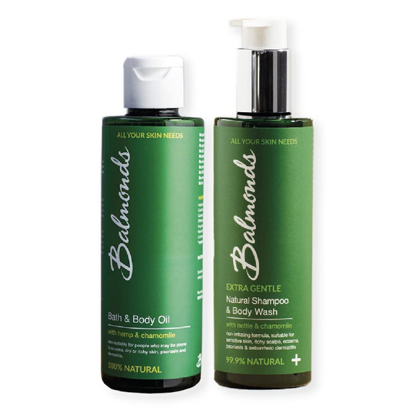 Balmonds - Bath & Body Set - Balmonds Bath & Body Oil + Shampoo & Body Wash - 2X Key Hair & Body Treatment Products - All Natural - Fragrance Free