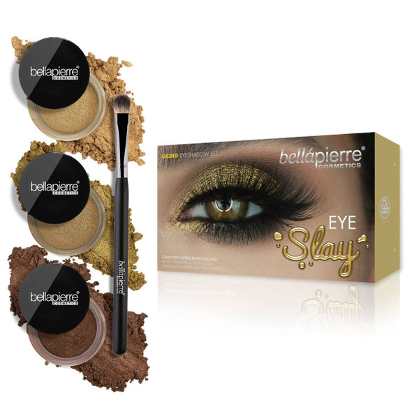 bellapierre Eye Slay Shimmer Powder Kit - 3 Shimmer Powders & 1 Eyeshadow Brush | Paraben Free | Vegan & Cruelty Free | All Skin Types - Gilded