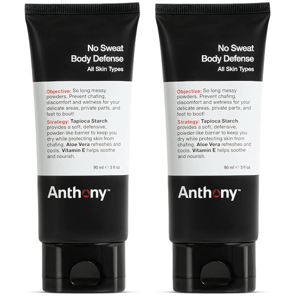 Anthony No Sweat Body Defense Deodorant for Men – Anti-Chafing, Anti-Itch Cream-to-Powder Lotion for Sweat and Body Odor Control – 3 Fl Oz (Pack of 2)