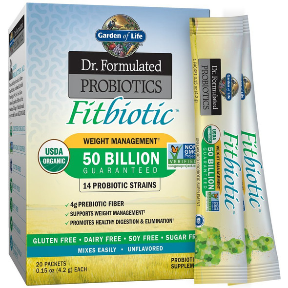 Garden of Life Dr. Formulated Probiotics Fitbiotic Weight Management Powder 50 Billion CFU & Prebiotic Fiber, Organic & Non-GMO Digestive Gut Health Probiotic Supplement, 20 Single Serving Packets