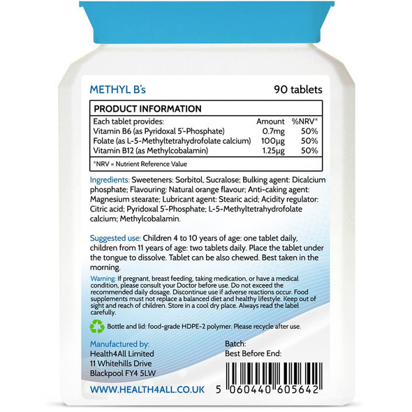 Kids Methyl B's 90 Tablets. Sublingual Vegan pre-methylated B12 Methylcobalamin, 5-Methylfolate and P-5-P for Children for Stress & Mood Support