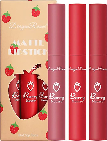 3 Pcs Strawberry Matte Lipstick Set 3 Colors Long-Lasting Waterproof  Velvet Lip Glaze Tint Lip Gloss Kit Women Cosmetics Makeup Tools
