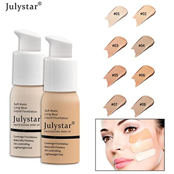 Julystar Full Coverage Foundation Soft Matte Oil Control Concealer Flawless Cream Smooth Long Lasting 24HR