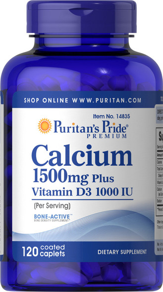 Puritan's Pride Calcium 1500 mg with Vitamin D 1000 IU-120 Coated Caplets, 120 Count (Pack of 1) (14835)