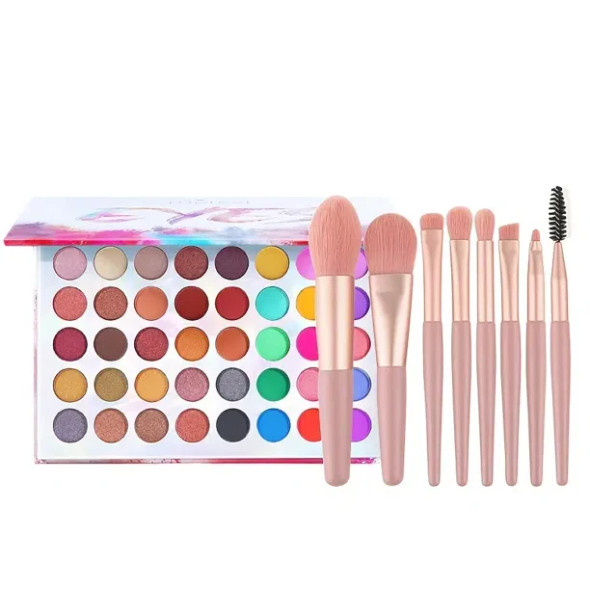 POPFEEL Makeup Eyeshadow Palette + 8 Pcs Brush Set, Pigmented 40 Colors Make Up Pallet With Brushes, Matte Shimmer Glitter Palettes Sets, Eye Shadow Highlighters Contour Blush Powder Beauty Kit