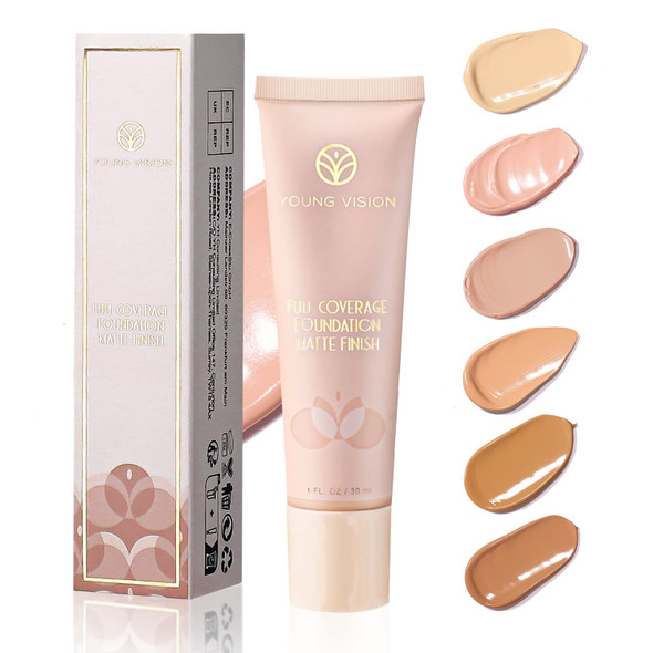 YOUNG VISION Liquid Foundation, Lightweight, Oil Control, Full Coverage, Matte Finish, 6 Shades Available, 1 Fl Oz