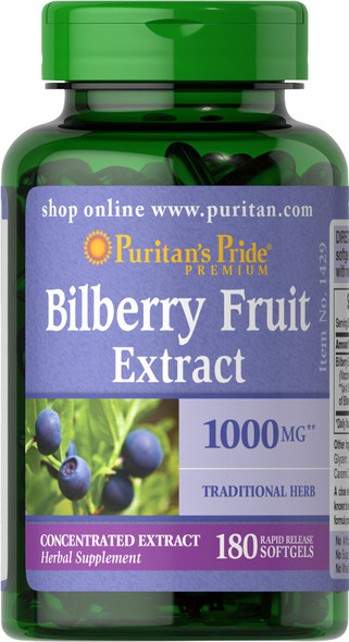 Bilberry Extract by Puritan's Pride, Contains Antioxidant Properties*, 1000mg Equivalent, 180 Rapid Release Softgels