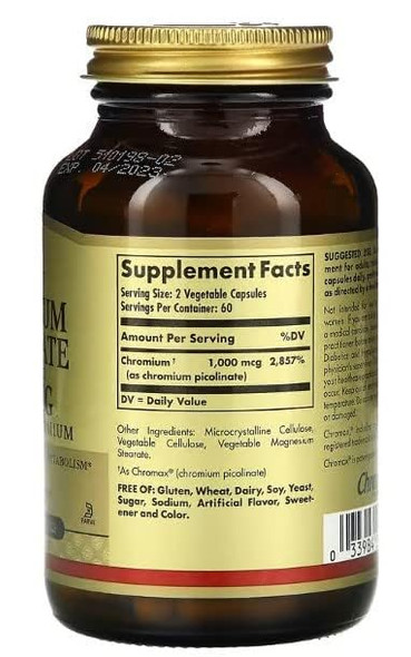 Solgar Chromium Picolinate 500 mcg, 120 Vegetable Capsules - Supports Energy - Supports Healthy Blood Sugar Metabolism - Vegan, Gluten Free, Dairy Free, Kosher - 120 Servings