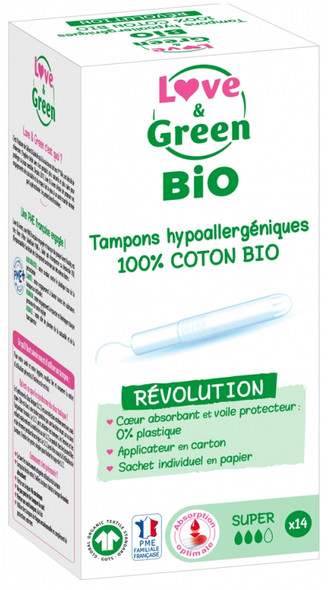Love & Green Hypoallergenic Tampons 100% Organic Cotton 14 Super Tampons With Applicator