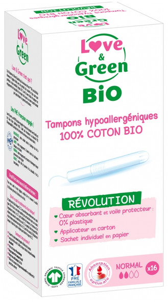 Love & Green Hypoallergenic Tampons 100% Organic Cotton 16 Regular Tampons With Applicator