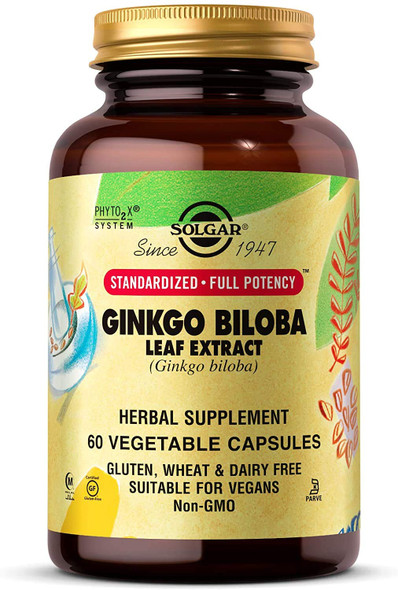 Solgar Ginkgo Biloba Leaf Extract, 60 Vegetable Capsules - Standardized Full Potency (SFP) - Brain & Immune Health - Non-GMO, Vegan, Gluten Free, Dairy Free, Kosher, Halal - 60 Servings