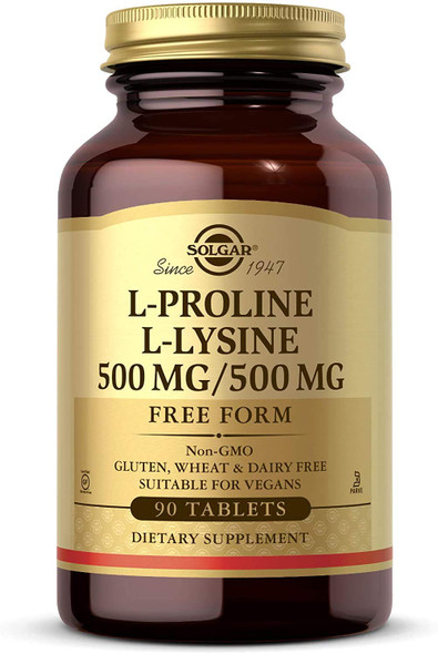 Solgar L-Proline/L-Lysine (500/500 mg), 90 Tablets - Supports Collagen Production for Healthy Skin & Lips - Essential Amino Acids - Non-GMO, Vegan, Gluten & Dairy Free, Kosher - 90 Servings