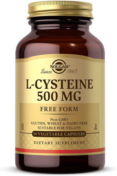 Solgar L-Cysteine 500 mg, 90 Vegetable Capsules - Free Form Amino Acid - Keratin Support for Skin, Hair & Nails - Glutathione Support - Vegan, Gluten Free, Dairy Free, Kosher - 90 Servings