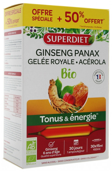 Superdiet Organic Ginseng Royal Jelly and Acerola 20 Phials + 10 Phials Free