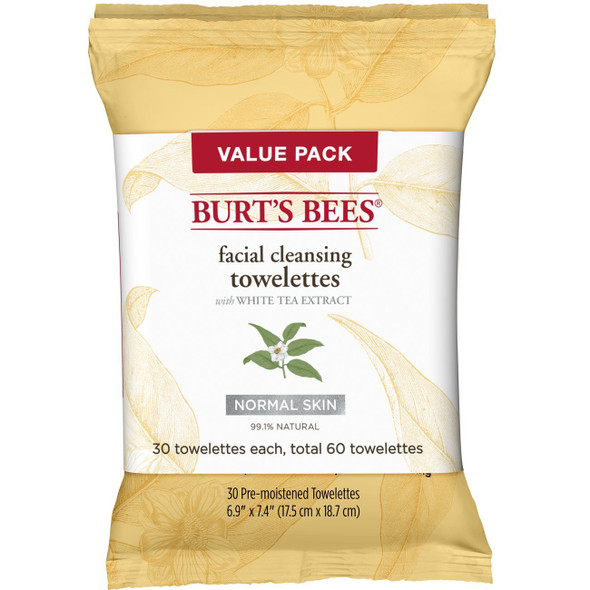 Burt's Bees Facial Cleansing Towelettes for Normal Skin with White Tea Extract, 60 Count