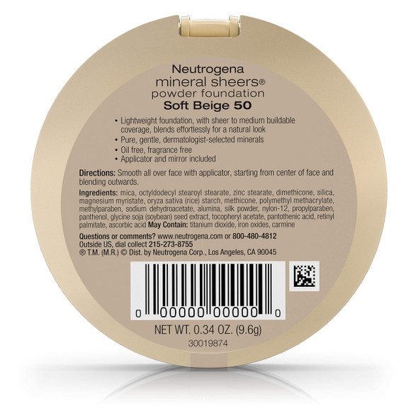 Neutrogena Mineral Sheers Powder Foundation, Soft Beige 50, 0.34 Ounce
