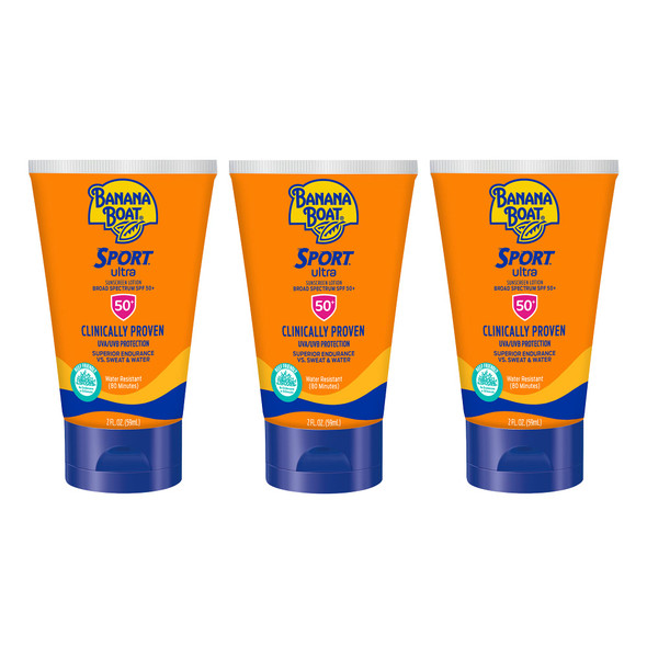 Banana Boat Ultra Sport Sunscreen Lotion, New Formula, SPF 50, TSA Approved Travel Size, 2 Fl Oz, Pack of 3