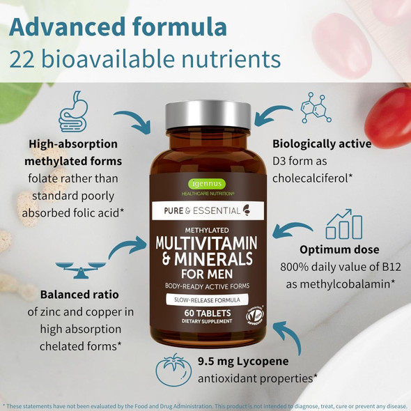Igennus Methylated  High Strength Vegan Men's Daily Multivitamin Without Iron Energy, Immunity & Heart Support, Methylated B-Vitamins Plus Lycopene Clean Label Slow Release Chelated Minerals 60 Tablets