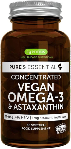 Pure & Essential Vegan Omega 3, High Concentration EPA DHA Algae Oil, Sustainable & Pure, Plus Astaxanthin, 600mg DHA & EPA for Heart, Brain & Eye Health, 60 Small Softgels