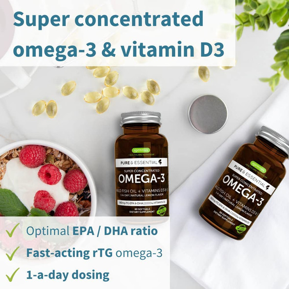 Pure & Essential Omega-3 & D3 1000iu, Fast-Acting rTG, Support Eyes, Heart & Brain Function, 1-a-Day, Highly Concentrated EPA & DHA Wild Fish Oil, Non-GMO (1)