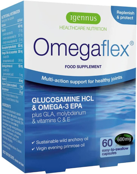 Omegaflex Glucosamine with High Strength Fish Oil, Virgin Evening Primrose Oil, Vitamin C & E, Joint Health Support, with Omega-3 & 6, 70% Concentration High EPA Fish Oil, 60 Softgels