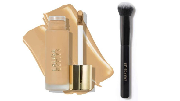 LAURA GELLER Double Take Liquid Foundation, Golden Medium - Medium to Full Coverage - Natural Matte Finish & Foundation Makeup Brush Kit (2 PC)