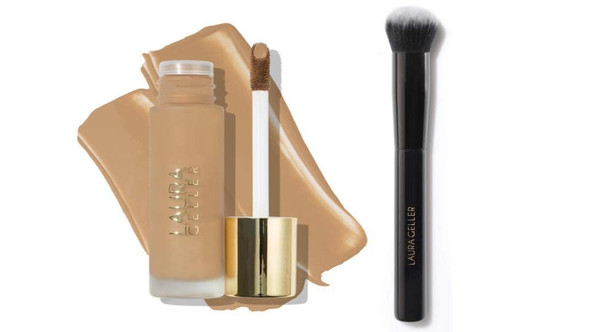 LAURA GELLER Double Take Liquid Foundation, Sand - Medium to Full Coverage - Natural Matte Finish & Foundation Makeup Brush Kit (2 PC)