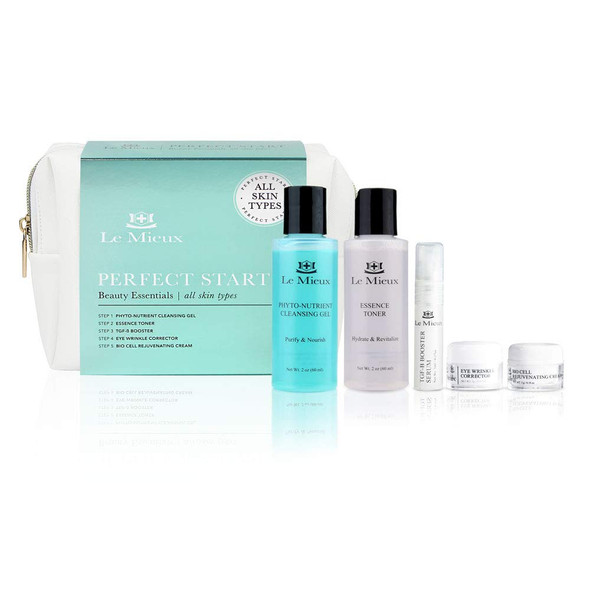 Le Mieux Perfect Start Beauty Essentials Set for Normal Skin - 5-Piece Facial Set - Phyto-Nutrient Cleansing Gel, Essence Toner, TGF-B Booster, Eye Wrinkle Corrector & Bio Cell Rejuvenating Cream