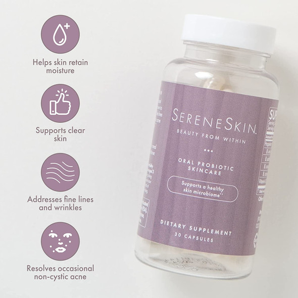 Microbiome Labs Skin Support Bundle - SereneSkin Clear Skin Probiotic Supplement Shown to Help Reduce Fine Lines (30 Capsules) - MegaPre Prebiotic Powder for Gut Health (2.1oz)